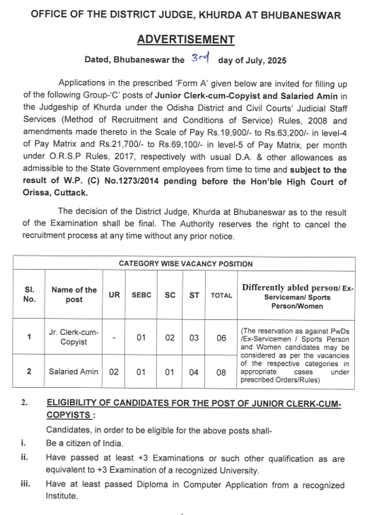 Khordha District Judge Office Recruitment