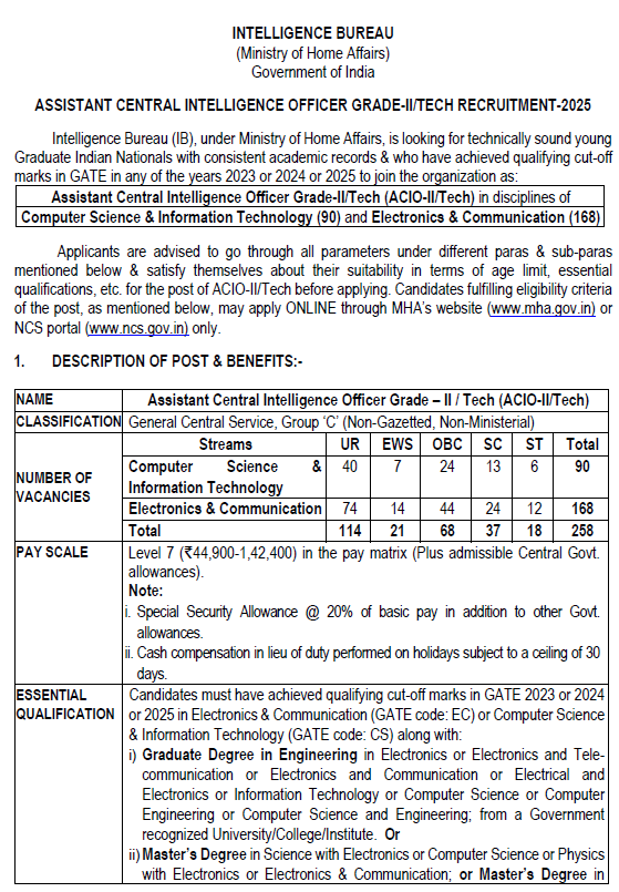 Intelligence Bureau ACIO Technical Recruitment