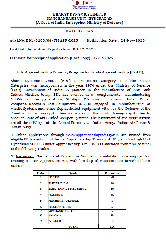 BDL Trade Apprenticeship Recruitment